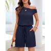 MEROKEETY Rompers for Women 2026 Summer Off The Shoulder Sleeveless Casual Beach Vacation Jumpsuits with Pockets(Navy)