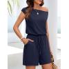 MEROKEETY Rompers for Women 2026 Summer Off The Shoulder Sleeveless Casual Beach Vacation Jumpsuits with Pockets(Navy)