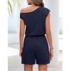 MEROKEETY Rompers for Women 2026 Summer Off The Shoulder Sleeveless Casual Beach Vacation Jumpsuits with Pockets(Navy)