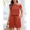 MEROKEETY Rompers for Women 2026 Summer Off The Shoulder Sleeveless Casual Beach Vacation Jumpsuits with Pockets(Rust)