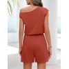 MEROKEETY Rompers for Women 2026 Summer Off The Shoulder Sleeveless Casual Beach Vacation Jumpsuits with Pockets(Rust)