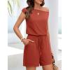 MEROKEETY Rompers for Women 2026 Summer Off The Shoulder Sleeveless Casual Beach Vacation Jumpsuits with Pockets(Rust)