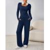 MEROKEETY Women’s 2025 Fall Two Piece Airport Outfits Lounge Sets Henley Shirts Wide Leg Pants Matching Sets(Dark Blue)
