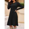 MEROKEETY Women’s 2025 Long Sleeve Mini Sweater Dress Crewneck Ribbed Knit A Line Pleated Swing Short Dresses(Black)