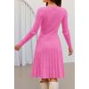MEROKEETY Women’s 2025 Long Sleeve Mini Sweater Dress Crewneck Ribbed Knit A Line Pleated Swing Short Dresses(Hotpink)