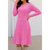 MEROKEETY Women’s 2025 Long Sleeve Mini Sweater Dress Crewneck Ribbed Knit A Line Pleated Swing Short Dresses(Hotpink)