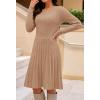 MEROKEETY Women’s 2025 Long Sleeve Mini Sweater Dress Crewneck Ribbed Knit A Line Pleated Swing Short Dresses(Khaki)