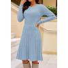 MEROKEETY Women’s 2025 Long Sleeve Mini Sweater Dress Crewneck Ribbed Knit A Line Pleated Swing Short Dresses(Lightblue)