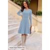 MEROKEETY Women’s 2025 Long Sleeve Mini Sweater Dress Crewneck Ribbed Knit A Line Pleated Swing Short Dresses(Lightblue)
