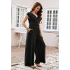 MEROKEETY Women’s 2026 Summer Cap Sleeve Jumpsuits Dressy Casual Deep V Neck Button Onesie Wide Leg Pants Rompers(Black)