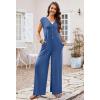 MEROKEETY Women’s 2026 Summer Cap Sleeve Jumpsuits Dressy Casual Deep V Neck Button Onesie Wide Leg Pants Rompers(Dark Blue)