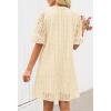 MEROKEETY Women’s 2026 Summer Short Sleeve Mini Dress V Neck Ruffle Hollow Out Eyelet Lace Dresses(Beige)