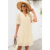 MEROKEETY Women’s 2026 Summer Short Sleeve Mini Dress V Neck Ruffle Hollow Out Eyelet Lace Dresses(Beige)