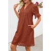 MEROKEETY Women’s 2026 Summer Short Sleeve Mini Dress V Neck Ruffle Hollow Out Eyelet Lace Dresses(Brickred)