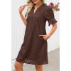 MEROKEETY Women’s 2026 Summer Short Sleeve Mini Dress V Neck Ruffle Hollow Out Eyelet Lace Dresses(Coffee)