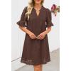 MEROKEETY Women’s 2026 Summer Short Sleeve Mini Dress V Neck Ruffle Hollow Out Eyelet Lace Dresses(Coffee)