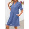 MEROKEETY Women’s 2026 Summer Short Sleeve Mini Dress V Neck Ruffle Hollow Out Eyelet Lace Dresses(Dusty Blue)