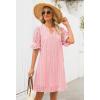 MEROKEETY Women’s 2026 Summer Short Sleeve Mini Dress V Neck Ruffle Hollow Out Eyelet Lace Dresses(Pink)
