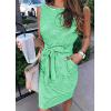 MEROKEETY Women’s 2026 Summer Sleeveless Striped Casual Dress Crew Neck Tie Waist Mini T Shirt Dresses with Pockets(Green)