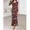MEROKEETY Women’s Fall Floral Long Sleeve Maxi Dress 2026 Cowl Neck Wedding Guest Ruffle Mesh Cocktail Bodycon Formal Dresses(Brown)
