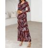 MEROKEETY Women’s Fall Floral Long Sleeve Maxi Dress 2026 Cowl Neck Wedding Guest Ruffle Mesh Cocktail Bodycon Formal Dresses(Brown)