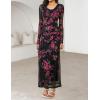 MEROKEETY Women’s Fall Floral Long Sleeve Maxi Dress 2026 Cowl Neck Wedding Guest Ruffle Mesh Cocktail Bodycon Formal Dresses(Floral Black)