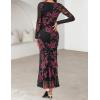 MEROKEETY Women’s Fall Floral Long Sleeve Maxi Dress 2026 Cowl Neck Wedding Guest Ruffle Mesh Cocktail Bodycon Formal Dresses(Floral Black)