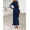 MEROKEETY Women’s Fall Floral Long Sleeve Maxi Dress 2026 Cowl Neck Wedding Guest Ruffle Mesh Cocktail Bodycon Formal Dresses(Navy)