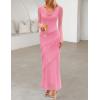 MEROKEETY Women’s Fall Floral Long Sleeve Maxi Dress 2026 Cowl Neck Wedding Guest Ruffle Mesh Cocktail Bodycon Formal Dresses(Pink)