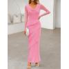 MEROKEETY Women’s Fall Floral Long Sleeve Maxi Dress 2026 Cowl Neck Wedding Guest Ruffle Mesh Cocktail Bodycon Formal Dresses(Pink)