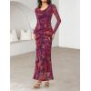 MEROKEETY Women’s Fall Floral Long Sleeve Maxi Dress 2026 Cowl Neck Wedding Guest Ruffle Mesh Cocktail Bodycon Formal Dresses(Purple)
