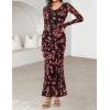 MEROKEETY Women’s Fall Floral Long Sleeve Maxi Dress 2026 Cowl Neck Wedding Guest Ruffle Mesh Cocktail Bodycon Formal Dresses(Rose)