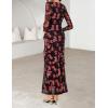 MEROKEETY Women’s Fall Floral Long Sleeve Maxi Dress 2026 Cowl Neck Wedding Guest Ruffle Mesh Cocktail Bodycon Formal Dresses(Rose)