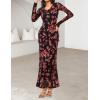 MEROKEETY Women’s Fall Floral Long Sleeve Maxi Dress 2026 Cowl Neck Wedding Guest Ruffle Mesh Cocktail Bodycon Formal Dresses(Rose)