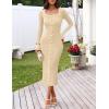 MEROKEETY Women’s Fall Long Sleeve Sweater Dress 2025 Bodycon Square Neck Ruffle Ribbed Knit Midi Dresses(Apricot)