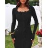 MEROKEETY Women’s Fall Long Sleeve Sweater Dress 2025 Bodycon Square Neck Ruffle Ribbed Knit Midi Dresses(Black)
