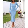 MEROKEETY Women’s Fall Long Sleeve Sweater Dress 2025 Bodycon Square Neck Ruffle Ribbed Knit Midi Dresses(Blue)
