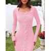 MEROKEETY Women’s Fall Long Sleeve Sweater Dress 2025 Bodycon Square Neck Ruffle Ribbed Knit Midi Dresses(Pink)