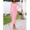 MEROKEETY Women’s Fall Long Sleeve Sweater Dress 2025 Bodycon Square Neck Ruffle Ribbed Knit Midi Dresses(Pink)