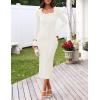 MEROKEETY Women’s Fall Long Sleeve Sweater Dress 2025 Bodycon Square Neck Ruffle Ribbed Knit Midi Dresses(White)