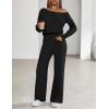 MEROKEETY Women’s Fall Pajama Set Fuzzy Fleece 2 Piece Loungewear Off Shoulder Sweater Tops Wide Leg Pants Matching Outfits(Black)
