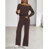 MEROKEETY Women’s Fall Pajama Set Fuzzy Fleece 2 Piece Loungewear Off Shoulder Sweater Tops Wide Leg Pants Matching Outfits(Coffee)