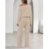 MEROKEETY Women’s Fall Pajama Set Fuzzy Fleece 2 Piece Loungewear Off Shoulder Sweater Tops Wide Leg Pants Matching Outfits(Light Khaki)