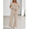 MEROKEETY Women’s Fall Pajama Set Fuzzy Fleece 2 Piece Loungewear Off Shoulder Sweater Tops Wide Leg Pants Matching Outfits(Light Khaki)