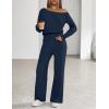 MEROKEETY Women’s Fall Pajama Set Fuzzy Fleece 2 Piece Loungewear Off Shoulder Sweater Tops Wide Leg Pants Matching Outfits(Navy)