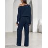 MEROKEETY Women’s Fall Pajama Set Fuzzy Fleece 2 Piece Loungewear Off Shoulder Sweater Tops Wide Leg Pants Matching Outfits(Navy)