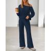 MEROKEETY Women’s Fall Pajama Set Fuzzy Fleece 2 Piece Loungewear Off Shoulder Sweater Tops Wide Leg Pants Matching Outfits(Navy)
