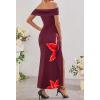 MEROKEETY Women’s Floral Off Shoulder Maxi Dresses 2025 Sexy High Split Cocktail Wedding Guest Dress(Wine)