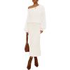 MEROKEETY Women’s Fuzzy 2 Piece Outfit Winter Long Sleeve Off Shoulder Pullover Top Midi Skirt Matching Lounge Sets(Beige)
