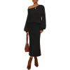 MEROKEETY Women’s Fuzzy 2 Piece Outfit Winter Long Sleeve Off Shoulder Pullover Top Midi Skirt Matching Lounge Sets(Black)